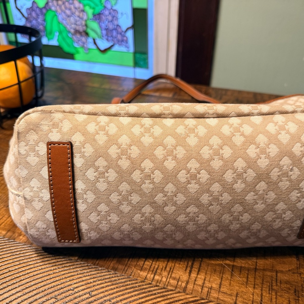 Kate Spade Beige Monogram Tote with Pink and Red Stripe - Picture 7 of 8